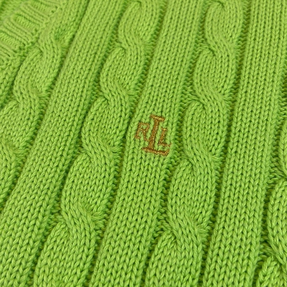 LAUREN Ralph Lauren V Neck Cable Knit Vintage Sweater. Bright Green. Size Large. - Picture 3 of 8